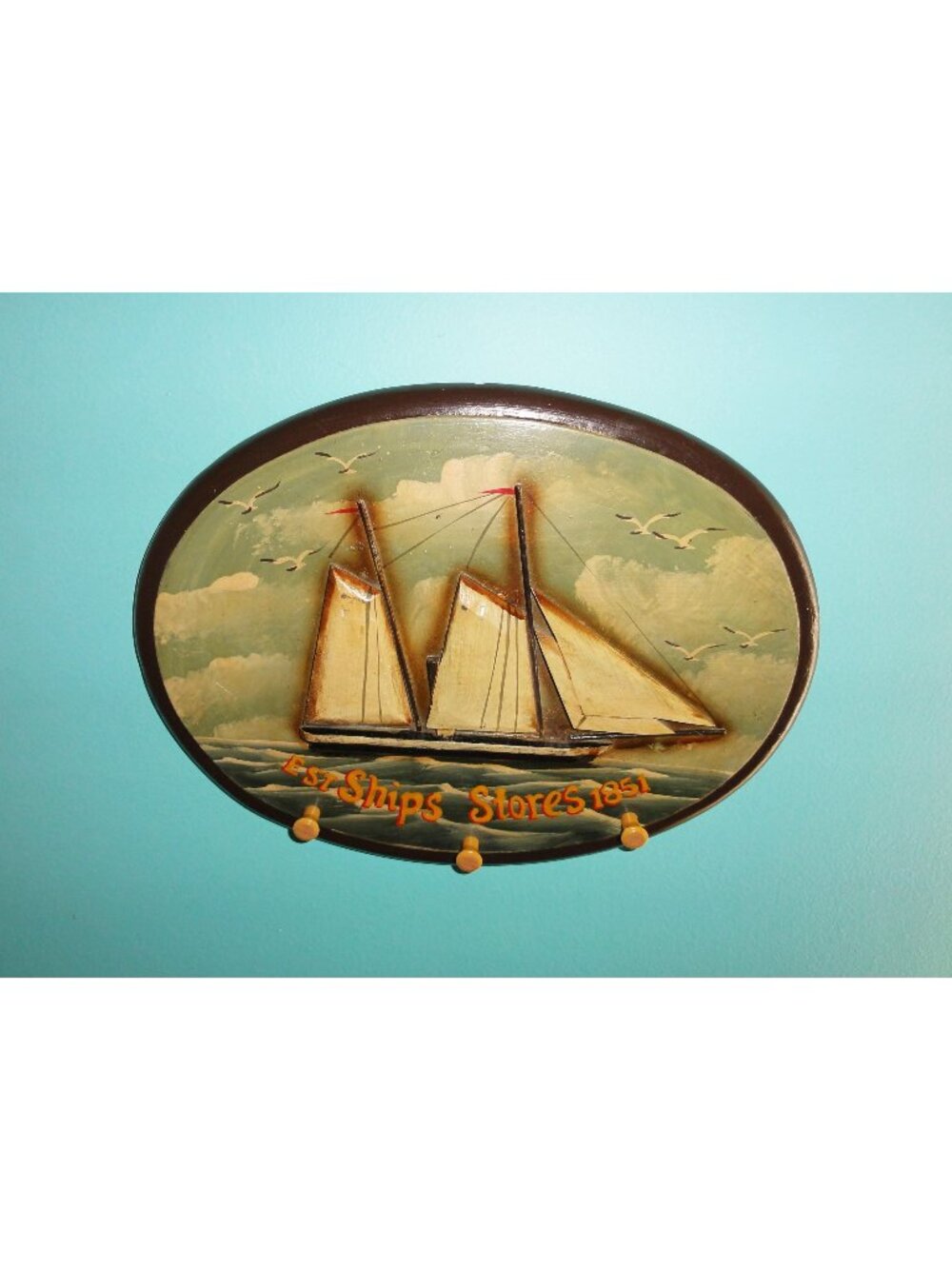 Vintage Est Ships Stores 1851 Wood Plaque 3-D Sailboat clothing hanger